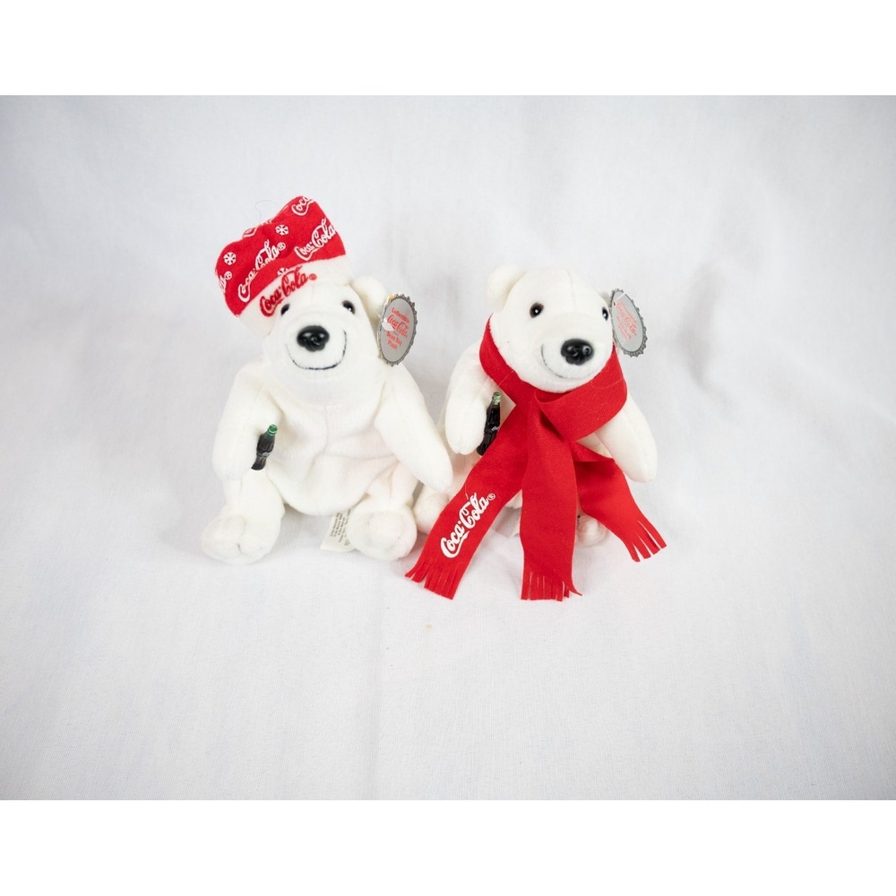 2 Vintage Coca-Cola Polar Bear Plush Stuffed‎ Animal Holding Coca-Cola Bottle
